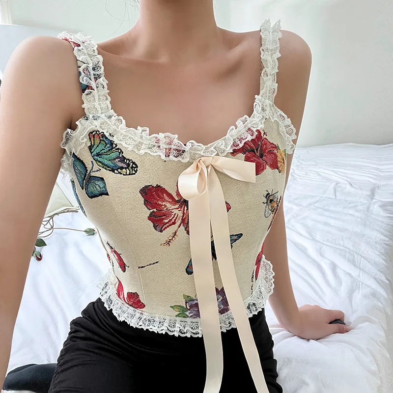 

Новинка 2022, сексуальный бандажный корсет с цветочным принтом и кружевной отделкой, с открытой спиной, бюстье, женский укороченный топ на зав...