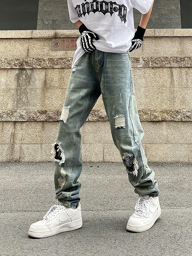 Men's ClothingHip HopRipped Straight JeansKorea Fashion ClothingMen's JeansKorean High Street Styley2kStreetwearLuxury Jeans
