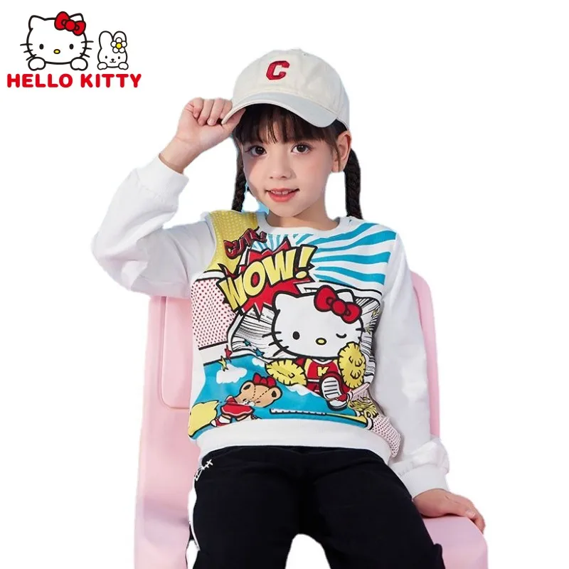 

Sanrio Anime Cartoon Hello Kitty Children's Clothing Autumn New Girls Knitted Print Simple Thread Round Neck Children's Sweater