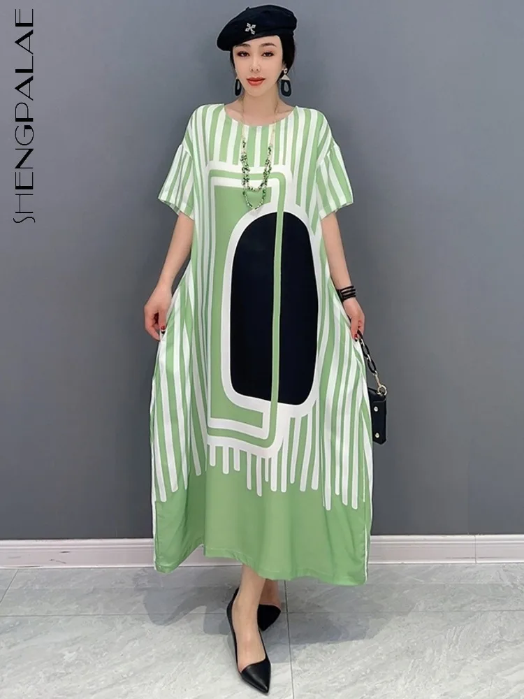 

Женское платье с контрастной полоской SHENGPALAE, свободное элегантное платье с коротким рукавом, одежда Y2k, 2023, 5R1204