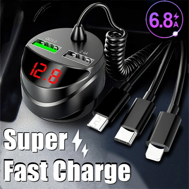 Быстрое Автомобильное зарядное устройство QC 3,0 с USB-кабелем 3 в 1 для iphone 12 11 Samsung Xiaomi Redmi Huawei P40 Micro USB Type C