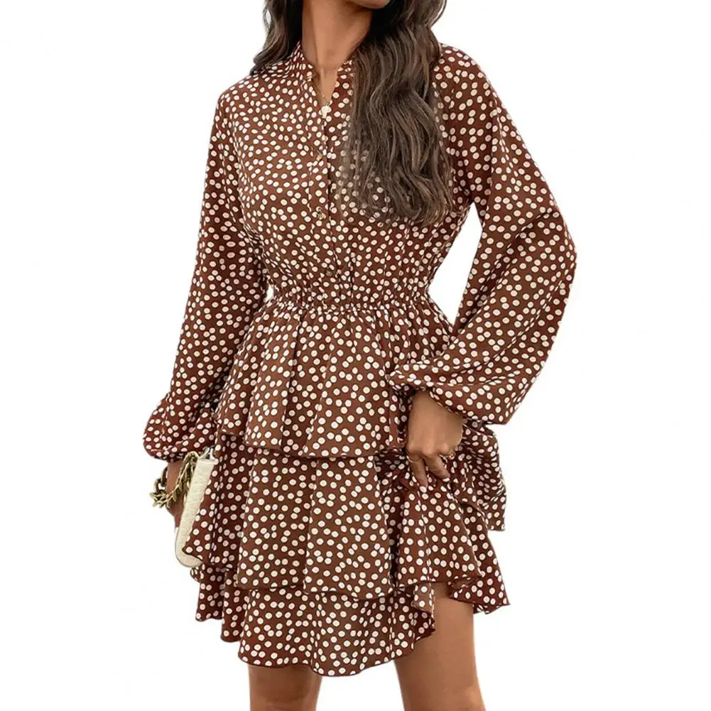 

Sweet Mini Dress Tight Waist Dress Multi-layered Hem Lantern Sleeves Dating Dress Dress-up