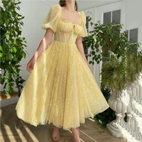 berylove yellow a line lace evening dress puff sleeve tied bow ankle length corset party graduation prom dress