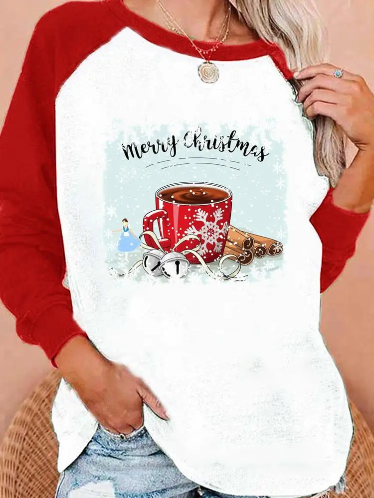 

Женская зимняя трендовая Милая Рождественская одежда с рукавами реглан, графическая футболка с новогодним принтом, футболка, одежда, топ, ф...