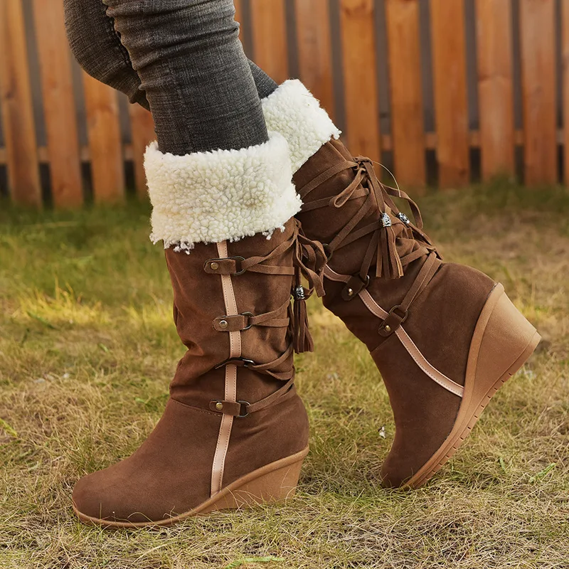 

Autumn and Winter 2023 New Plus Size Comfortable Cotton Boots Wedges Heel Fur Fringe Women's Snow Boots Lace-up Botas Femininas