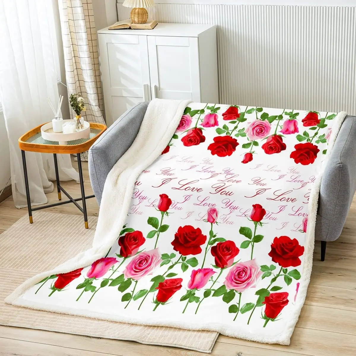 

Red Pink Rose Flowers Plush Blanket,Watercolor Floral Leaves Print Bed Blanket Home Decor Gift,Romantic Valentine's Day