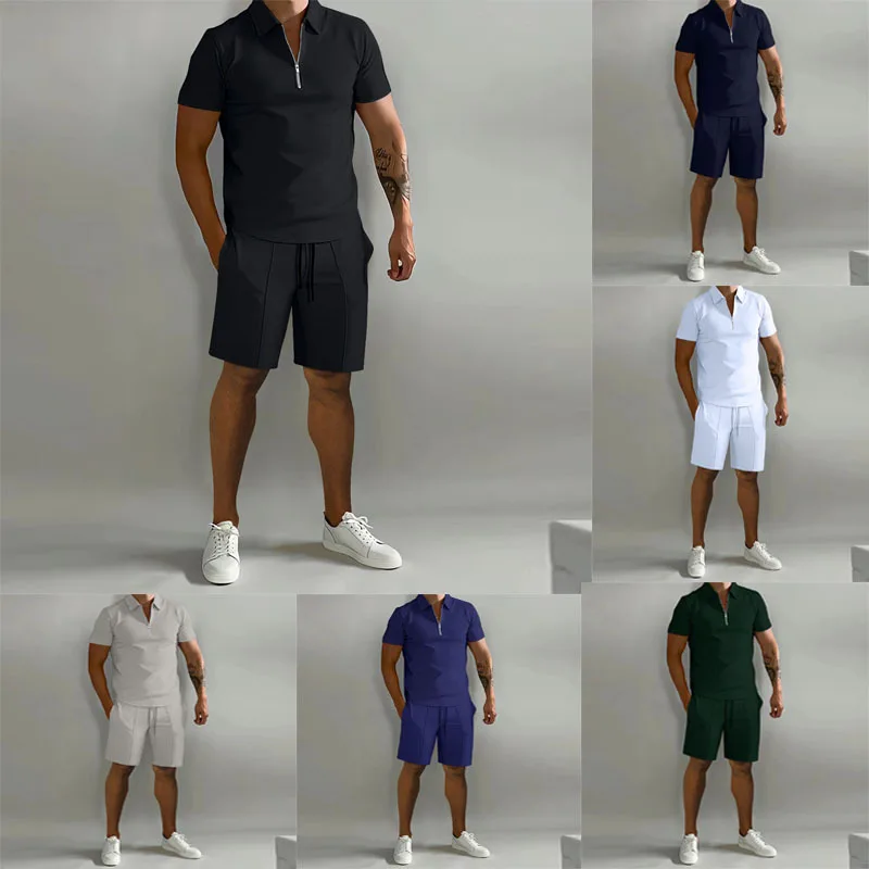 

Men's Suit 2023 Summer New Men's Solid Color Lapel Zipper Polo Casual Loose Short Sleeve Shorts Sports Suit European Size