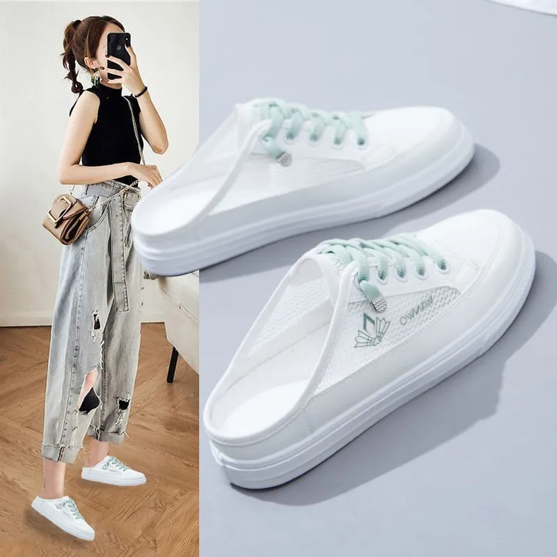 2023 Summer Women Versatile Half Slippers Thin Breathable Mesh Shoes Sandals mules Canvas White Single Outdoor Female Sneaker