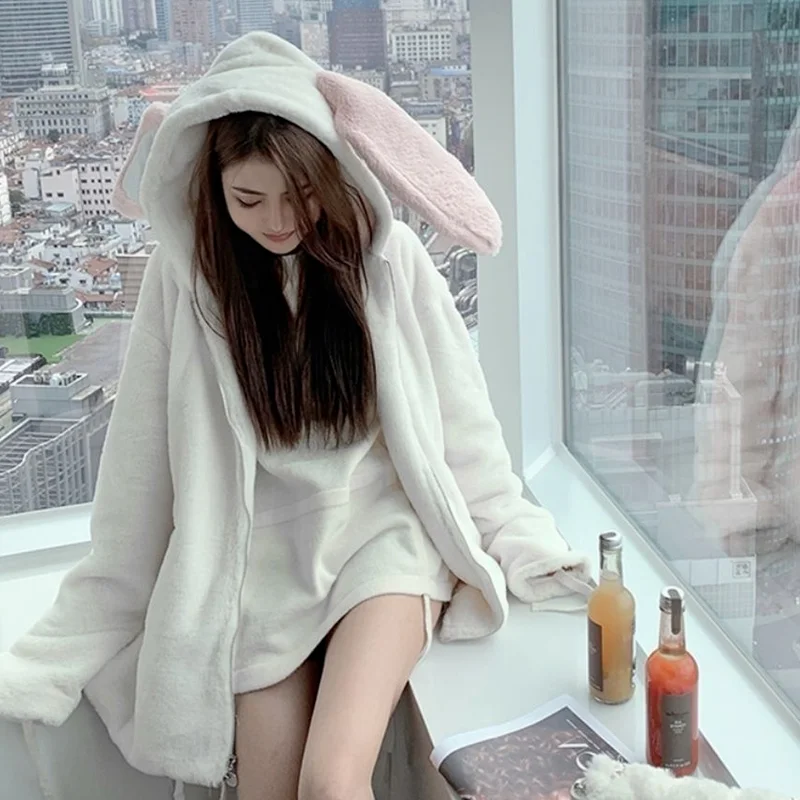 Rabbit Ears Imitating Rex Rabbit Fur Plush Faux Fur Coat Women's Hooded Thick and Warm Autumn and Winter Kawaii Cute Jacket