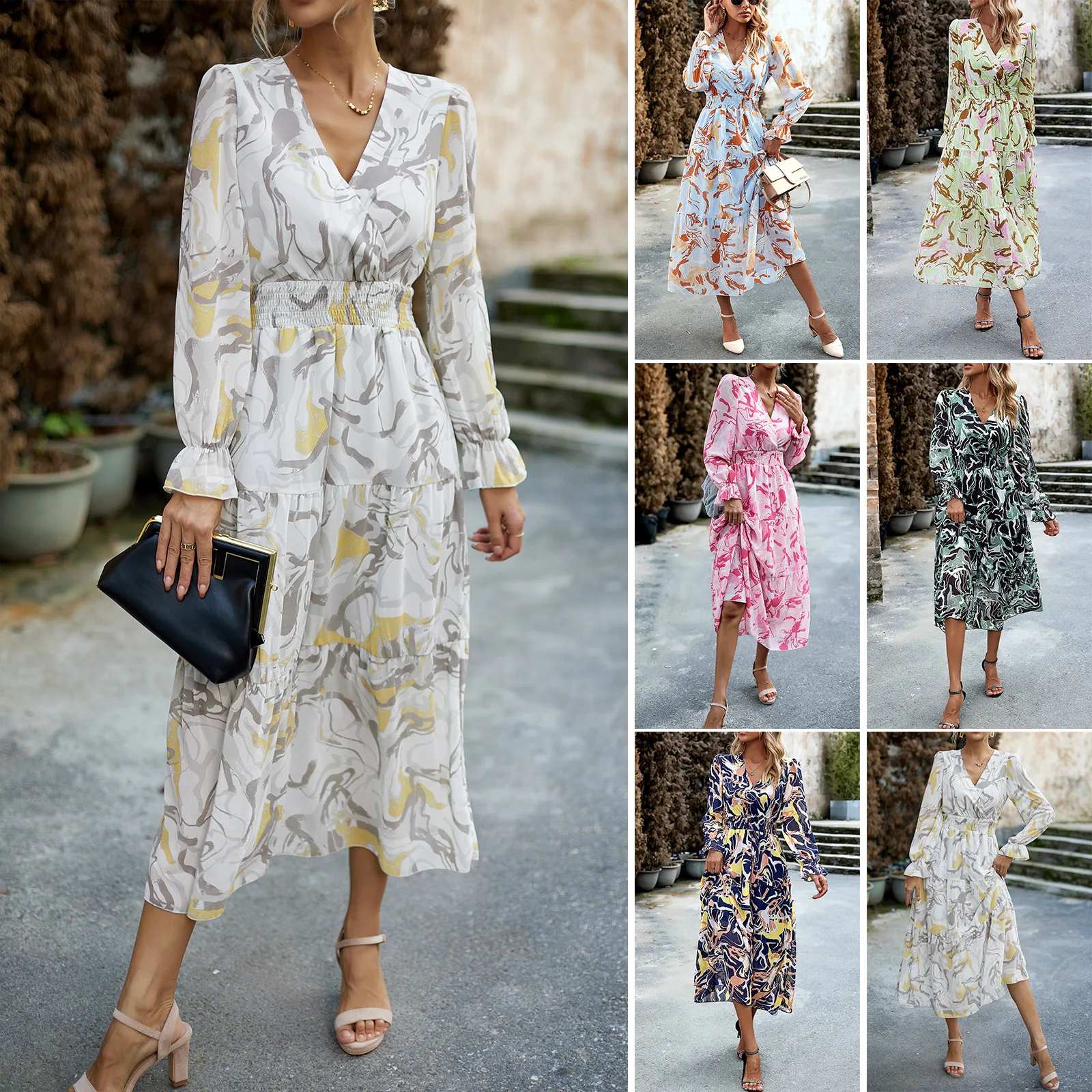 

European and American women's printed V-neck dress, autumn 2023 independent station casual long dress