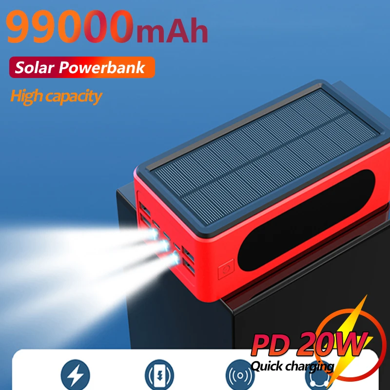 

99000mAh Large Capacity with LED 4USB Fast Charging Portable External Battery Solar Power Bank for Travel, Climbing, Outdoor