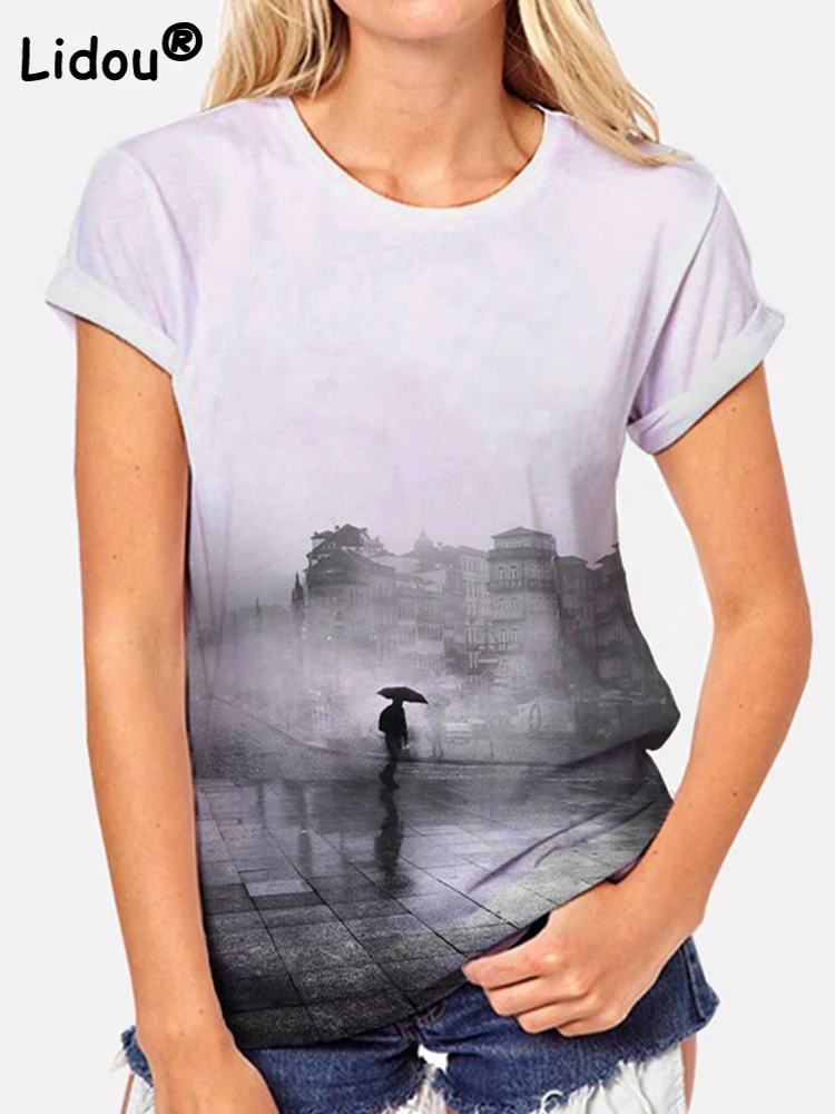 

Summer Natural Scenery Print Loose Vintage T Shirt Female Short Sleeve Round Neck Oversized T-shirt Casual Tops Women's Clothing