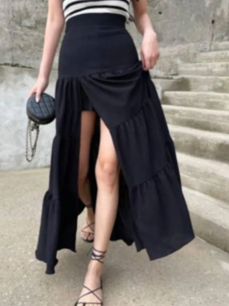 Корейская летняя версия 2024 новая ретро сексуальная длинная юбка с боковым
