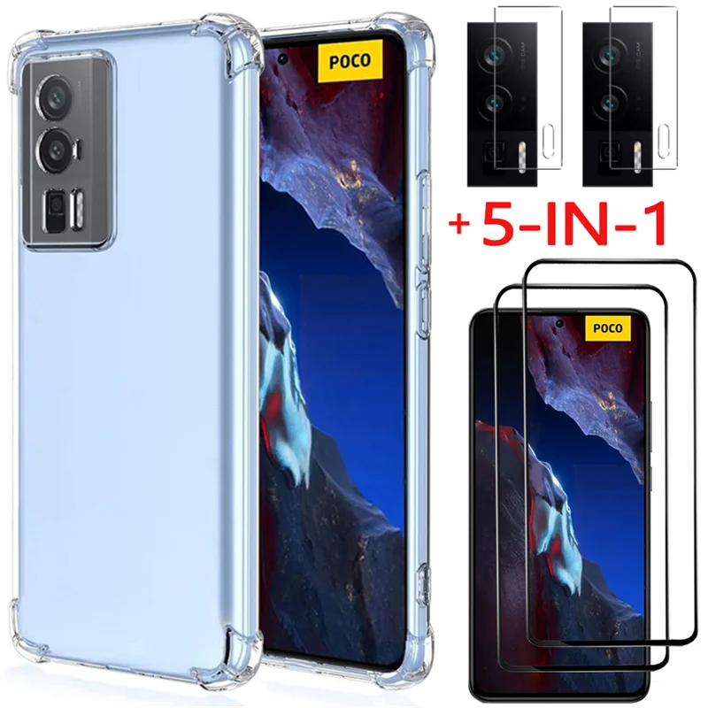 

5-in-1, Glass + Case for Poco-F5 5G Soft Clear Shockproof Silicone Phone Cases Pocophone F4 GT Xiaomi Poco F3 Cover Poco F5 Pro