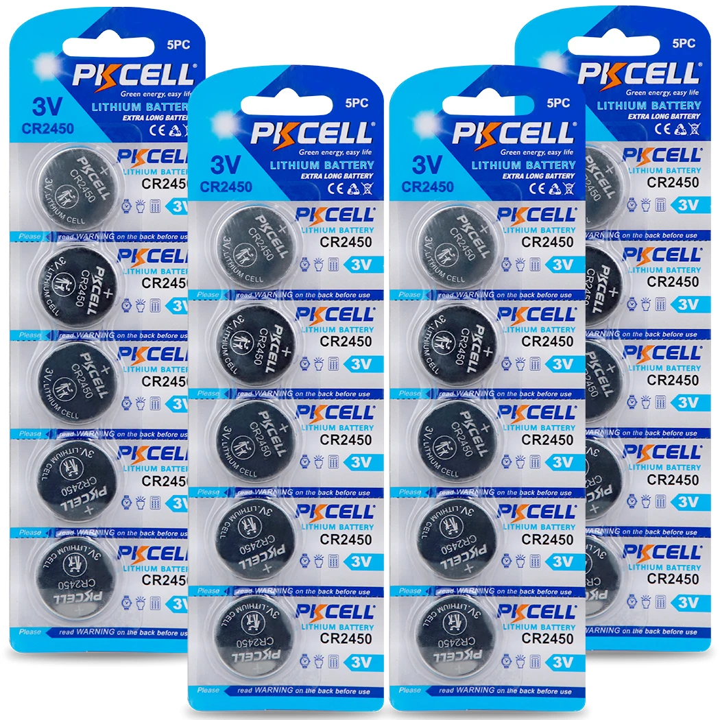 

Набор кнопочных батарей PKCELL CR2450 ECR2450, 20 шт./4 карты, литиевая батарея 3 в, для часов, игрушек, калькуляторов