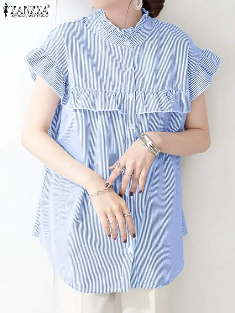 

Женская рубашка с коротким рукавом ZANZEA 2022 в полоску, летние модные топы с оборками, блузки большого размера для работы, туника, блузка на пуг...