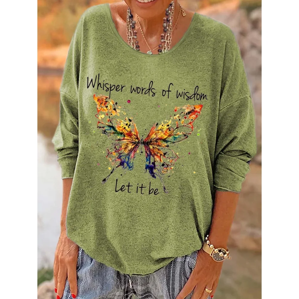 

Rheaclots Hippie Dragonfly Whisper Words Of Wisdom Let It Be Printed Women's Long Sleeves T-Shirt