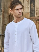 new mens shirts spring and summer cotton and linen solid color round neck button trend long sleeve shirts for men