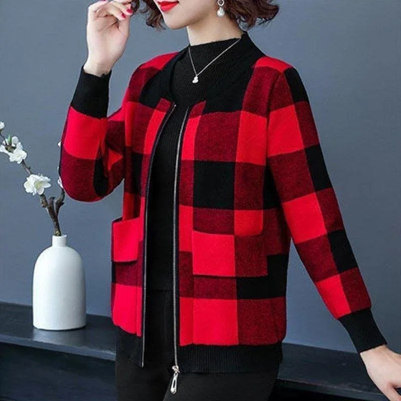 

Куртка женская короткая на молнии, модная тонкая весенняя Повседневная Уличная одежда в стиле пэчворк, куртка в клетку с длинным рукавом, кр...