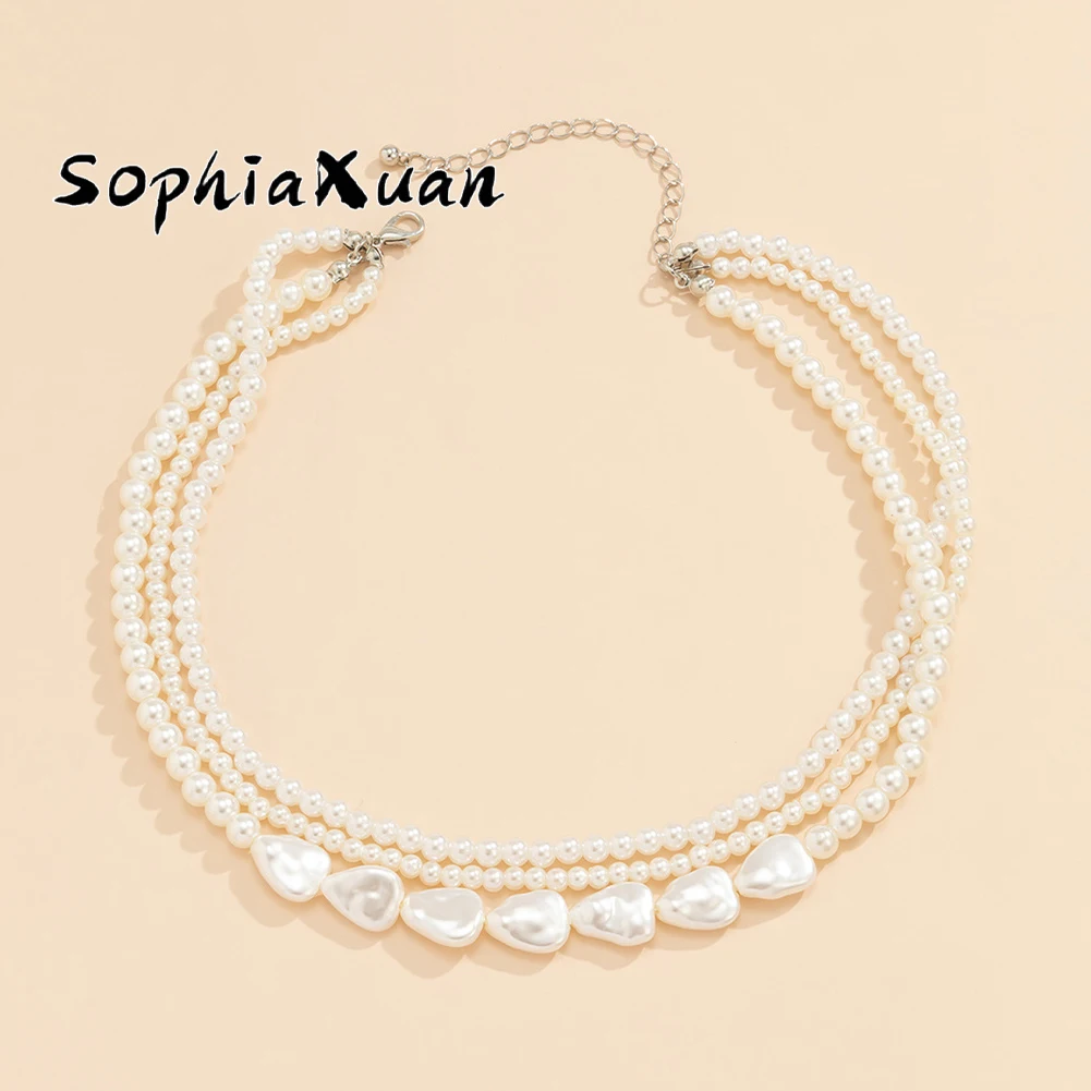 

SophiaXuan New Choker Triangle Ornament Necklace Women Round Acrylic Pearl Necklaces Trendy Fashion Chokers for Wedding Party