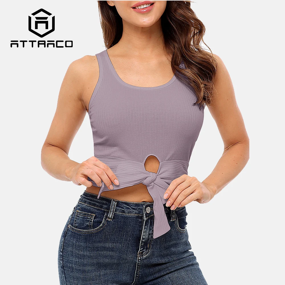 

Attraco Women Tank Tops Cotton Tie Knot Design Short Camisole Scoop Neck Solid Soft Breathable Caual Wear