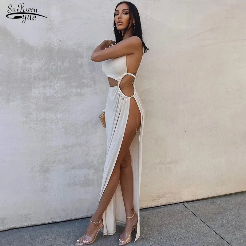 

Sexy High Side Split White Dress Elegant Cutouts Asymmetrical Stunning Maxi Dress Women Summer Midnight Party Robe Female 21675