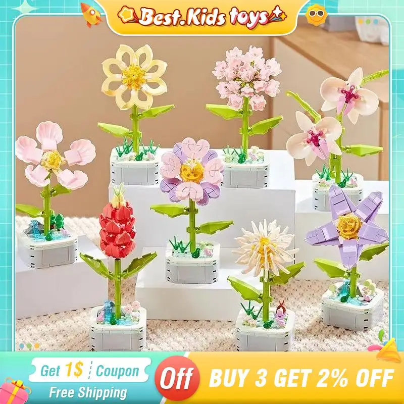 

Sunflower Bouquet Building Block Kit Creative DIY Eternal Orchid Flowers Kids Toy Set Rose Potted Brick Assembly Girl Adult Gift