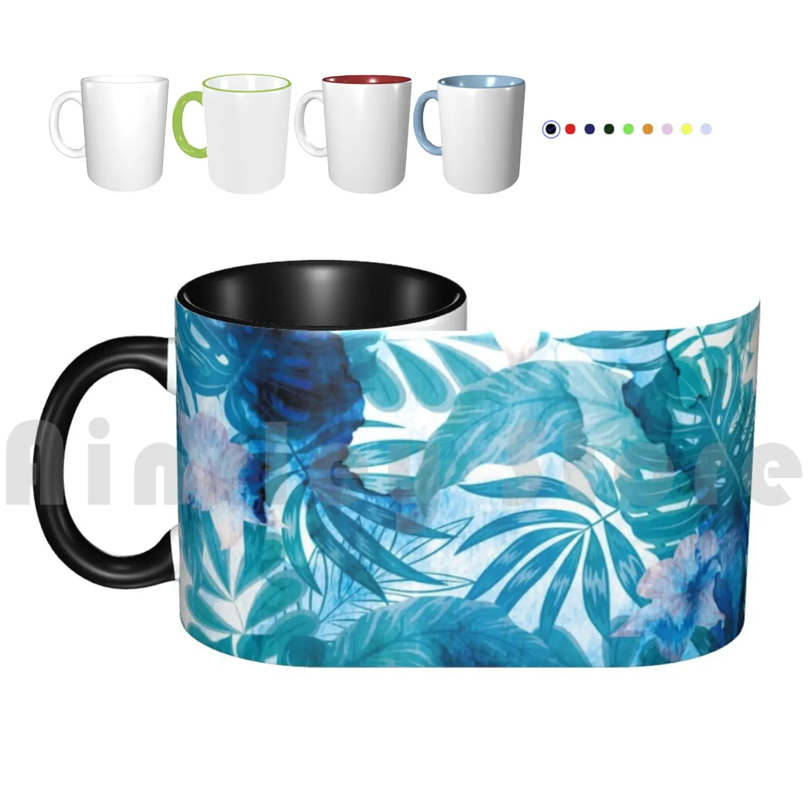 

Indigo Tropical Leaves Coffee Cups Ceramic Mugs Tropical Indigo Leaves Blue Leaf Nature Green Pattern Summer