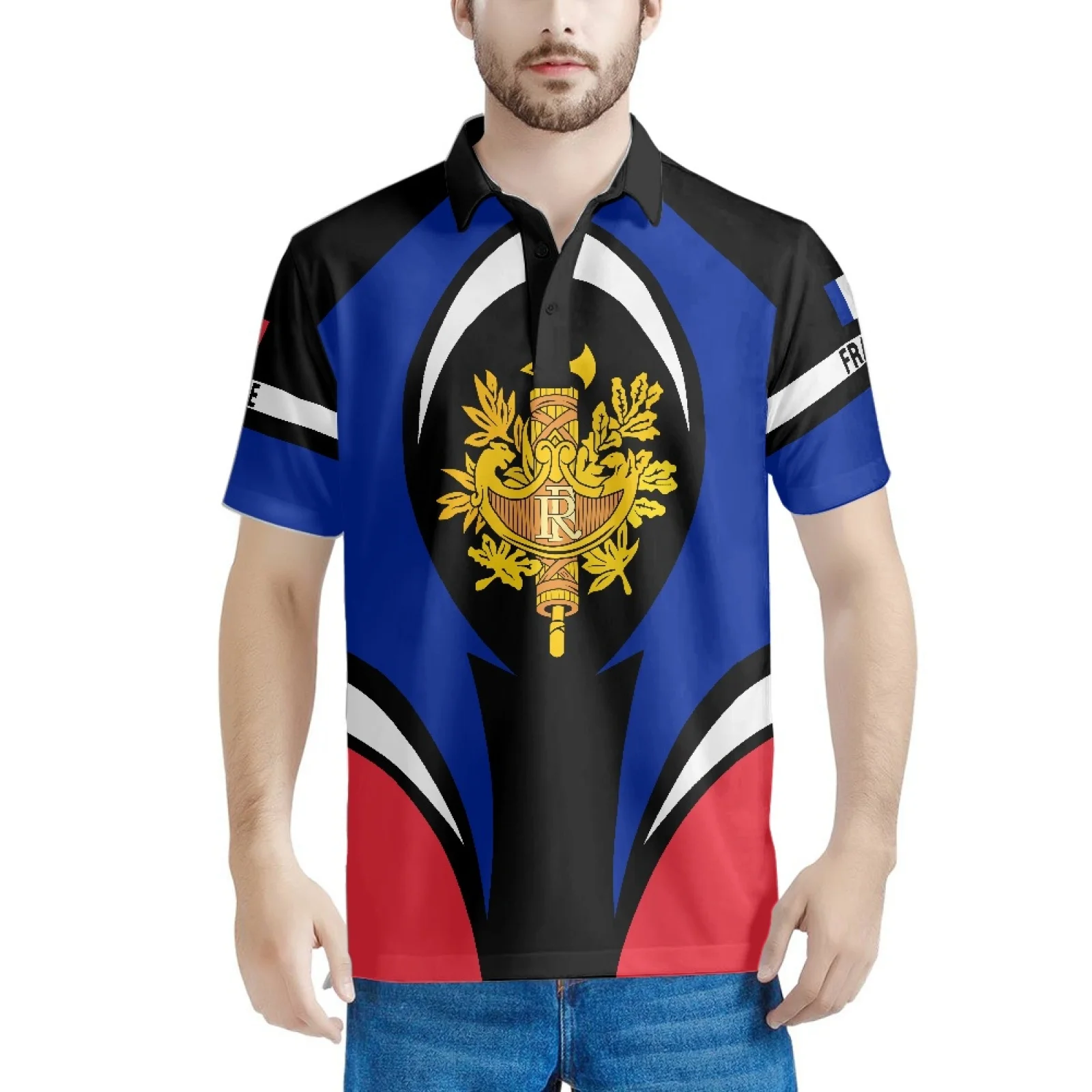 

Рубашка-Тотем с французским флагом, Повседневная Блузка с принтом татуировок, модные облегающие топы с отложным воротником, с коротким рука...