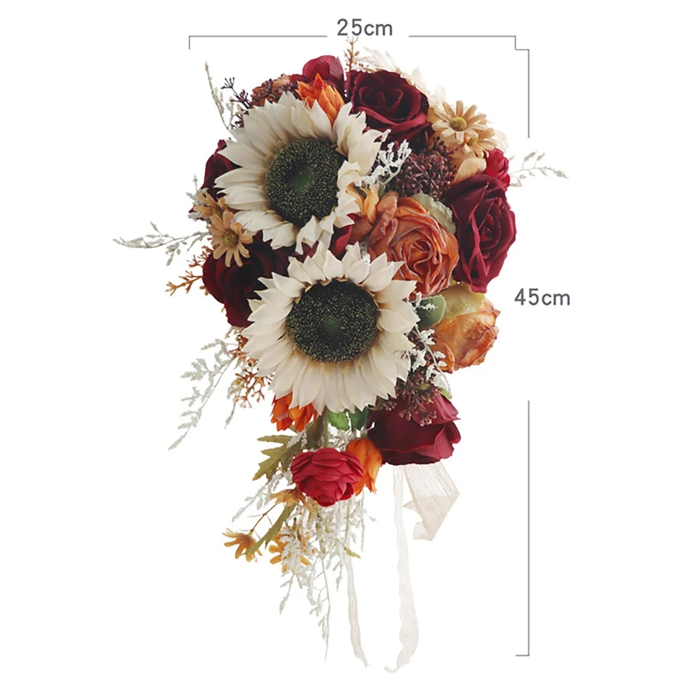 

Vintage Sunflower Wedding Bridal Bouquet for Bride Artificial Burgundy Rose Cascading Rustic Toss Bouquet for Church
