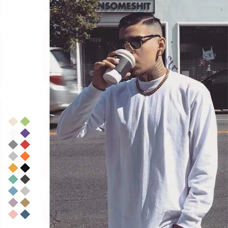 

Mens T-shirt Loose Solid Color Oversized Cotton Long-sleeved Bottoming Tops Small Neckline T-shirt O-Neck Casual Tops Men