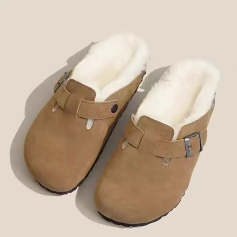 

Bebealy Boston Fur Clogs Slippers For Women Winter Fluffy Cork Insole Plush Slippers With Arch Support Home Furry Suede Mules
