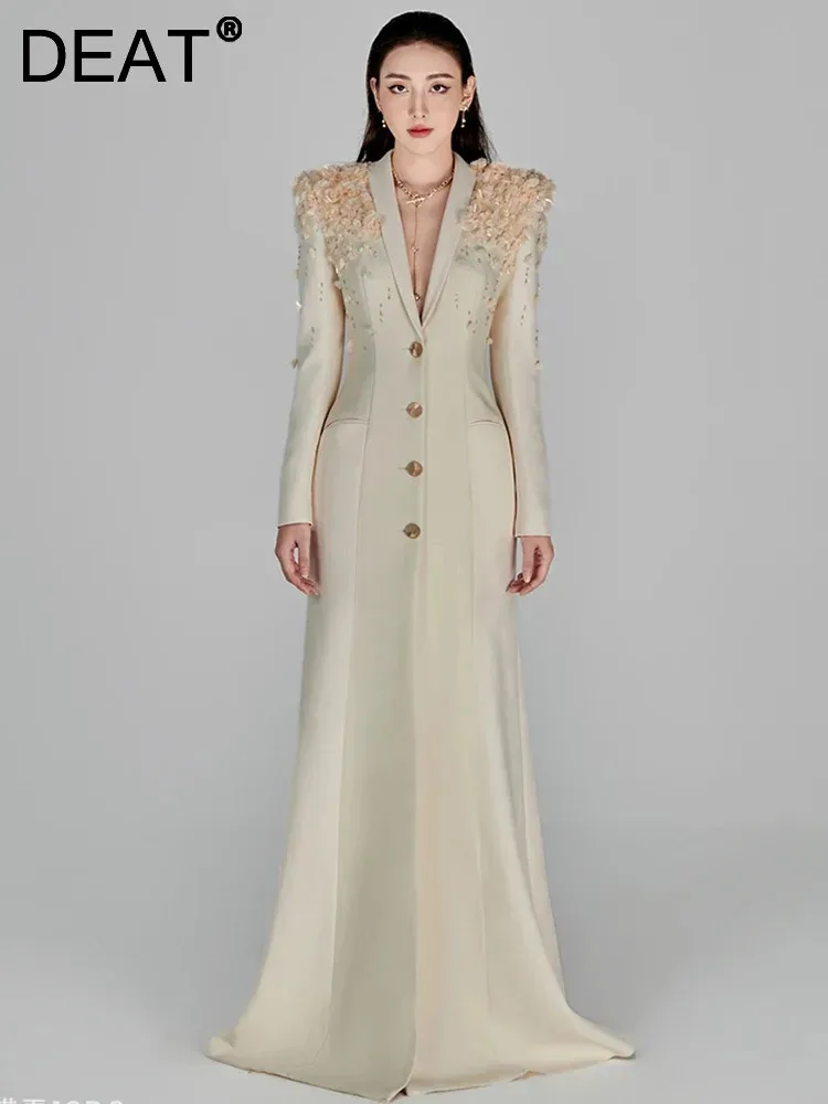 DEAT Элегантное платье с глубоким v-образным вырезом и 3D цветочной вышивкой