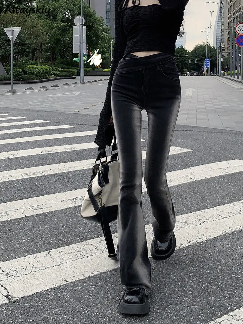 

Женские Джинсы-клеш с градиентом, элегантные облегающие винтажные джинсовые брюки с высокой талией в стиле Харадзюку, ретро