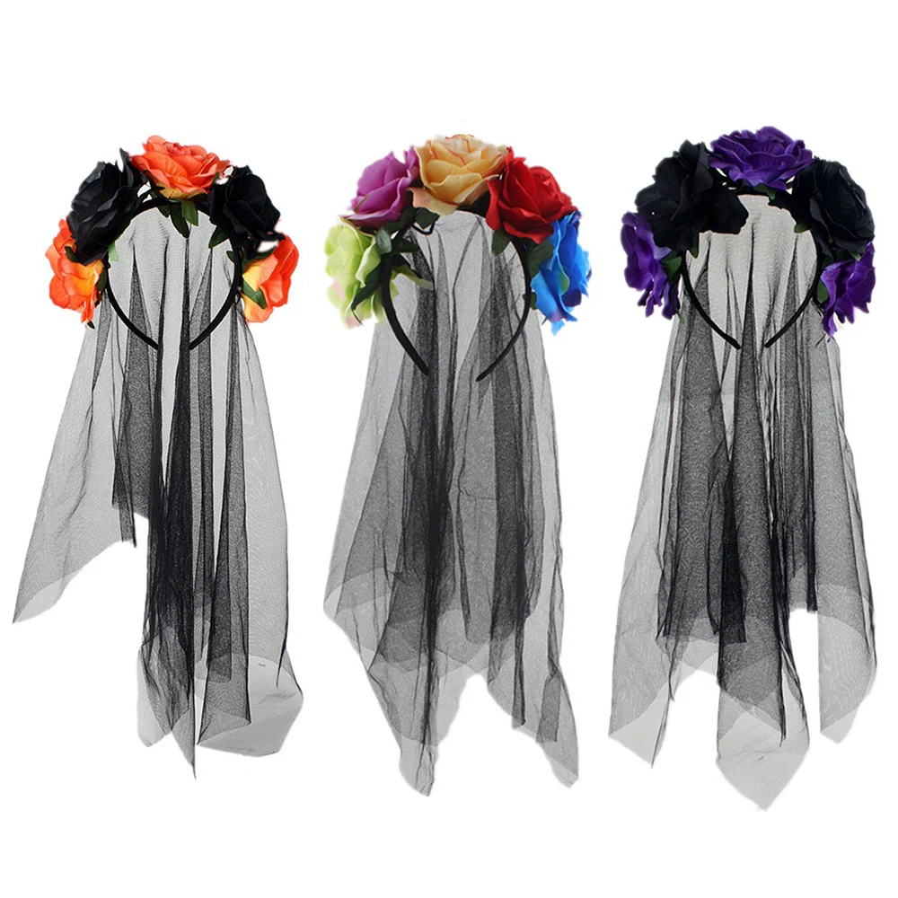 

Long Net Yarn Mesh Headband Halloween Cosplay Costume Party Veil Headband Girls Rose Flowers Gauze Hair Hoop Hairbands Headwear