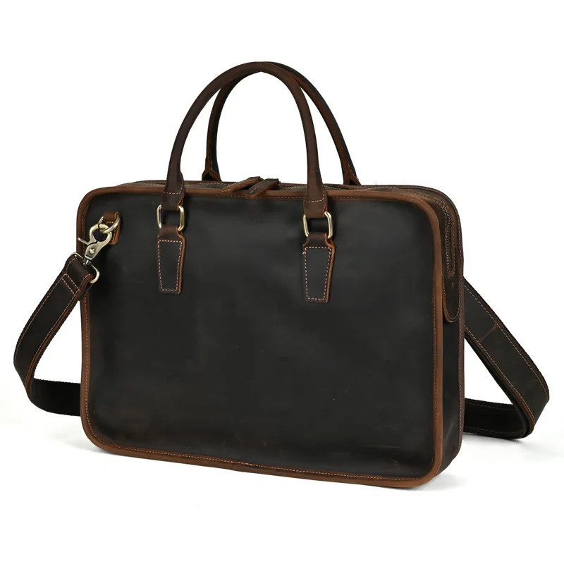 Vintage Cow Leather Men's Briefcase With Zipper Horizontal Handbag Laptop Computer Bag High Capacity Man Shoulder Messenger Bag