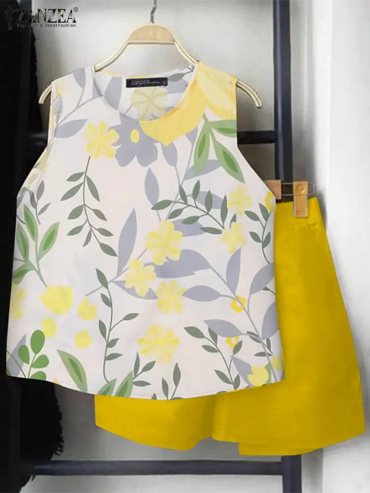 Лето 2024 однотонные шорты ZANZEA комплект из 2 предметов повседневная майка с принтом