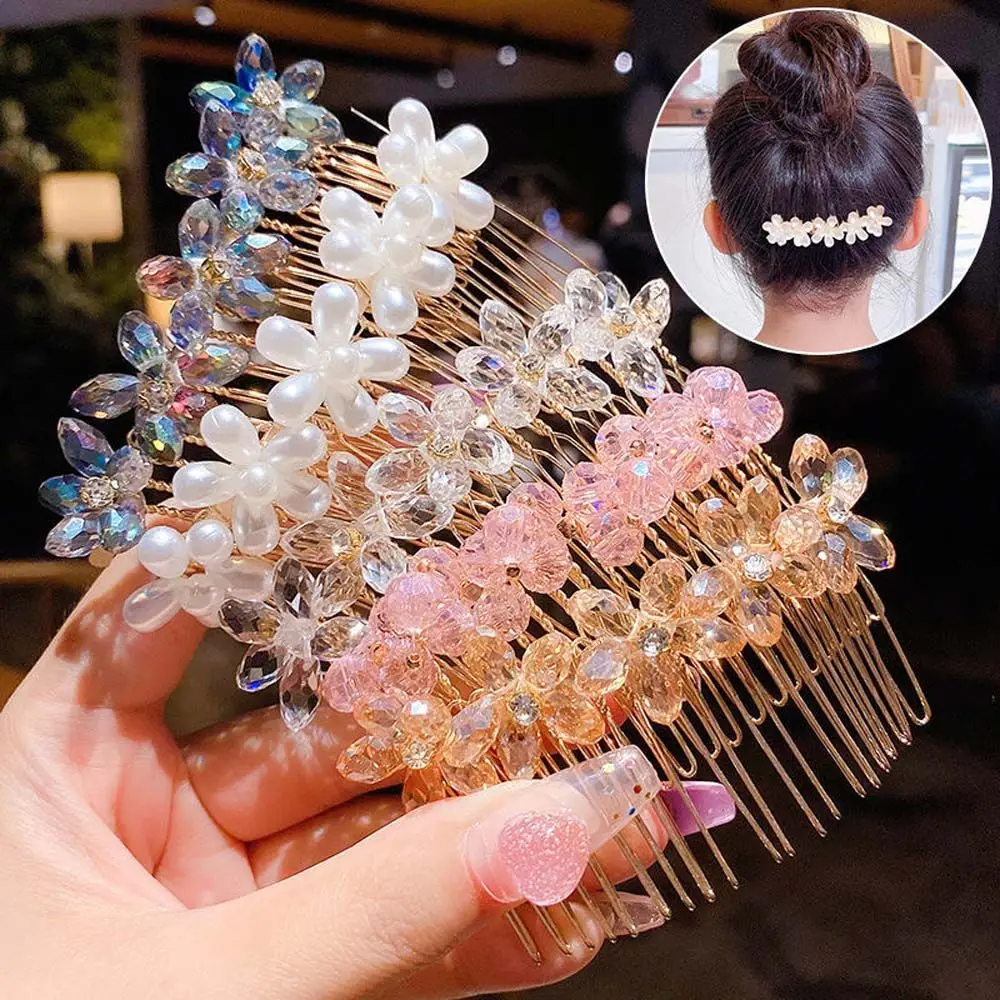 

Hair Accessories Korean Style Arylic Children Flower Hairpin Crystal Hair Clip Kids Hair Comb Imitation Pearl Hair Claw