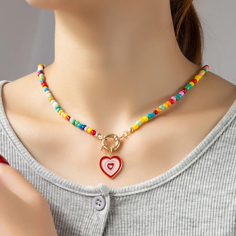 

Bohemian Colorful Vintage Necklace for Women Design Beaded Clavicle Chain Boho Choker Fashion Aesthetic Heart Pendant Jewelry