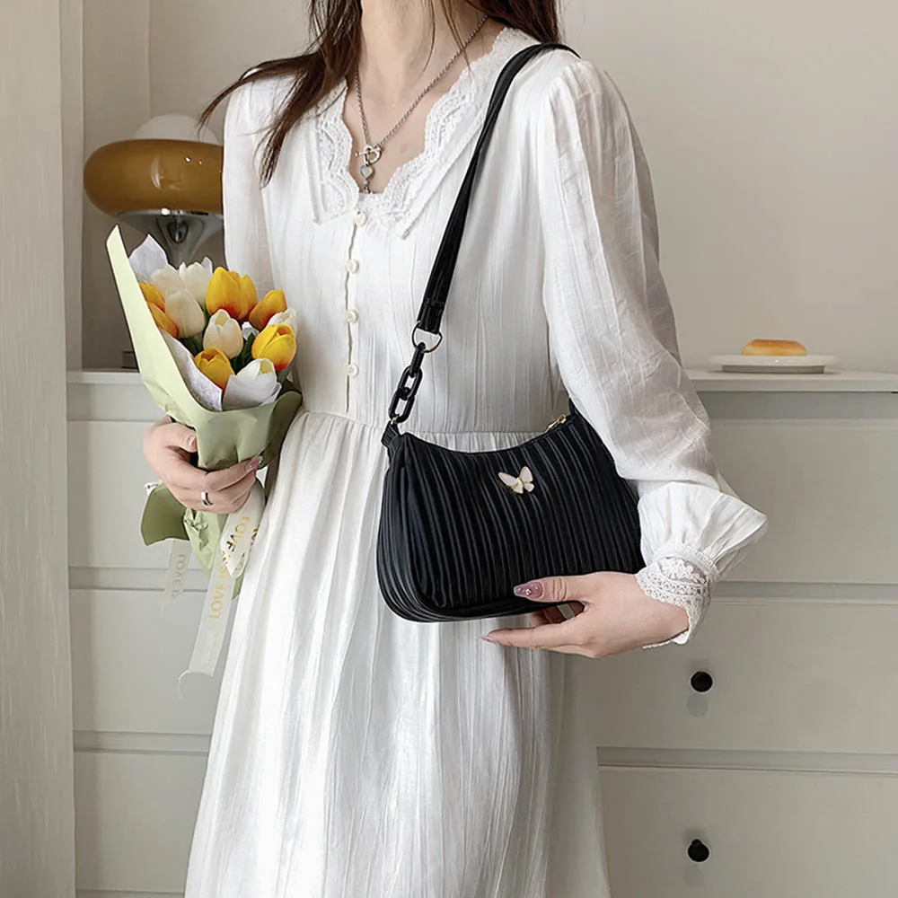 

White Butterfly PU Leather Handbags Designer 2022 Female Shoulder Fashion Ladies Armpit Bag Retro Casual Women Tote Small Clutch