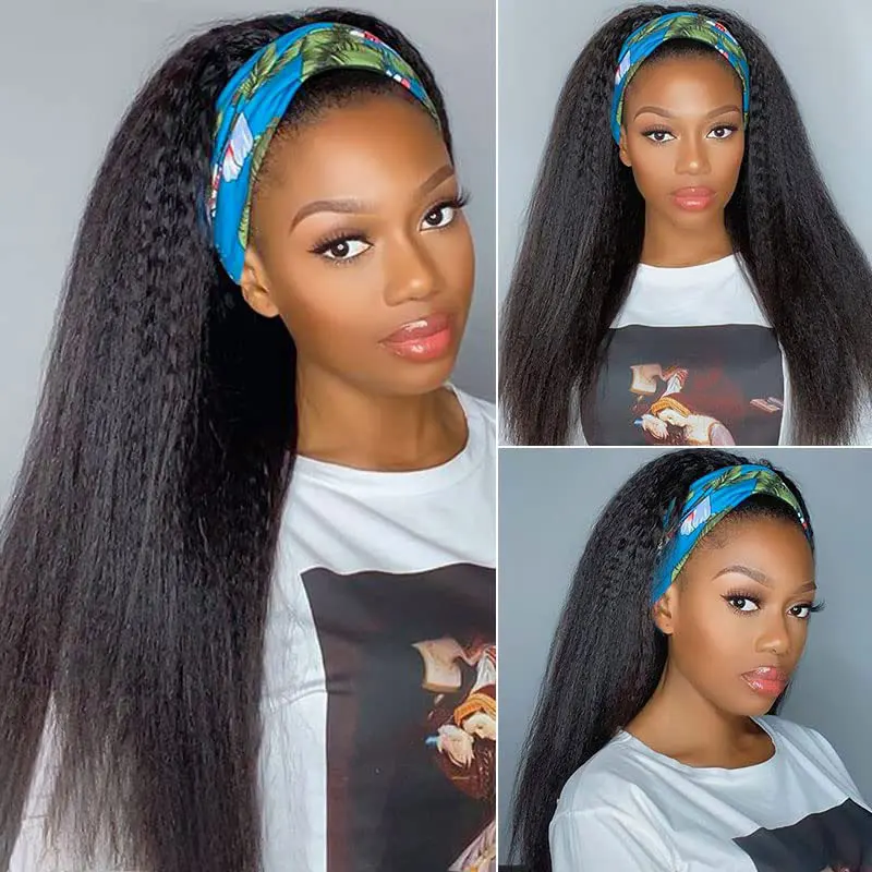 Headband Wig Kinky Straight For Black Women Human Hair Italian Yaki Straight None Lace Front Wigs With Remy Hair Natural Color