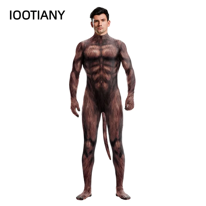 

:IOOTIANY Anime Fashion Mutant Ninja Turtles print with Tails Sexy Dark Brown Lion print Men Cosplay Costume Bodysuit jumpsuits