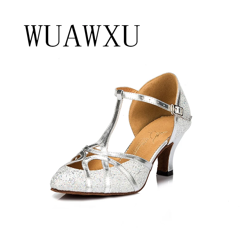 NATASHA Baotou Latin Dance Shoes Female Flash Gold Adult Medium High Heel Square Friendship Dance Shoes Soft Sole Competition Pe