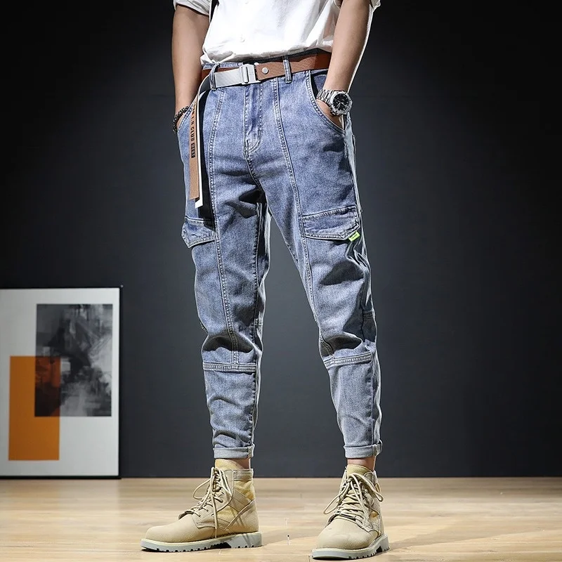 

Jeans Summer Men Cargo Pants Streetwear Casual Light Blue Patchwork Jean Mens Clothing Denim Trousers ropa pantalones hombre