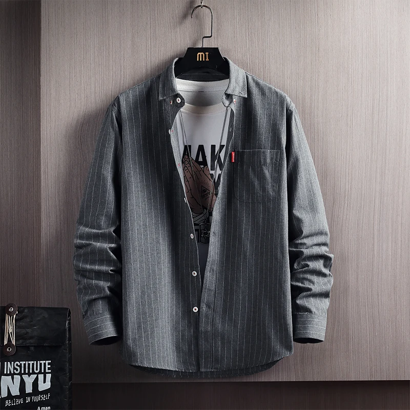 

2022 spring fashion trend casual men's striped shirt long sleeve youth student ins fashion slim top