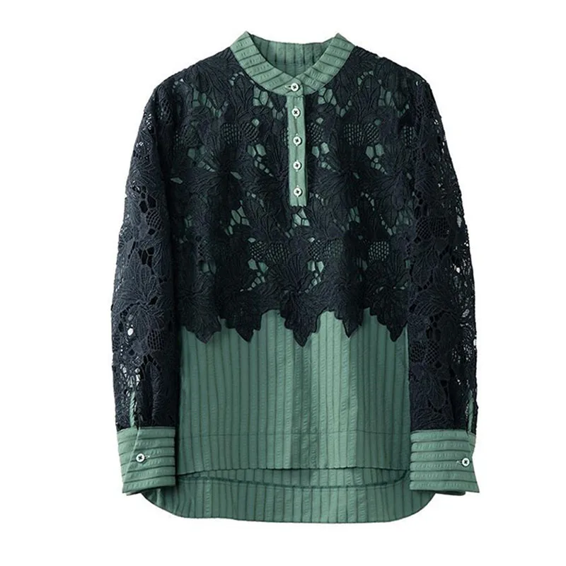Женская ажурная рубашка с воротником-стойкой на весну и лето 2024