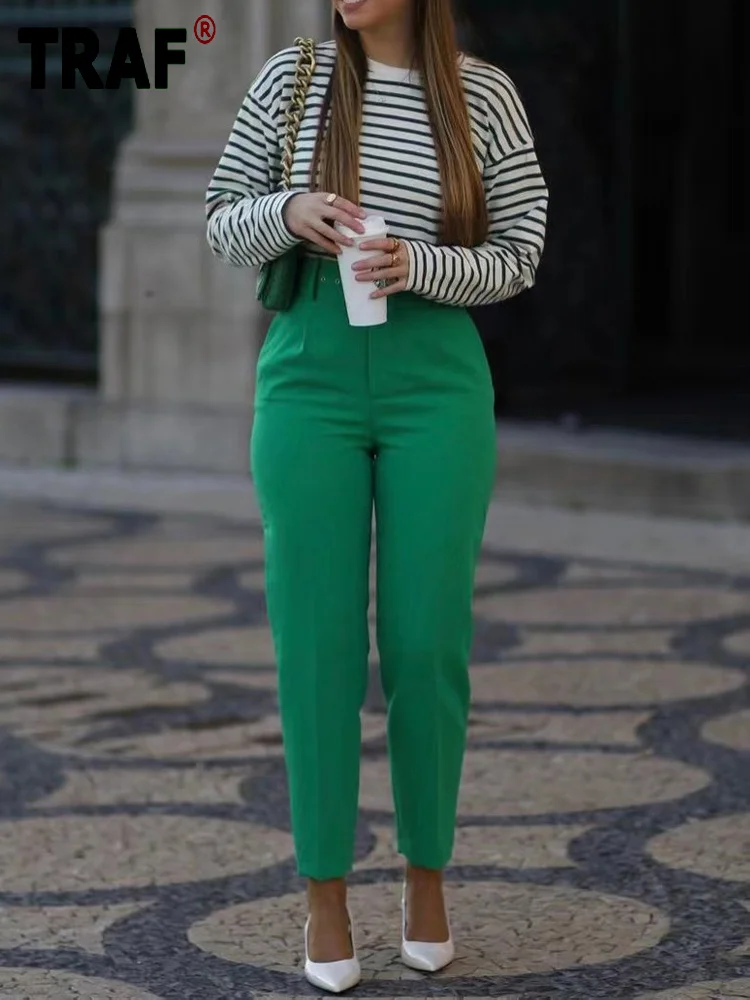 

Брюки TRAF женские с завышенной талией, офисные прямые штаны с белым поясом, уличная одежда, зеленые, на лето
