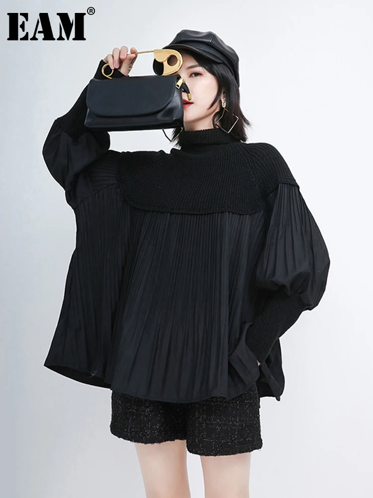 

[EAM] Black Pleated Big Size Knitting Turtleneck Sweater Loose Fit Long Sleeve Women New Fashion Tide Autumn Winter 2022 1DA681