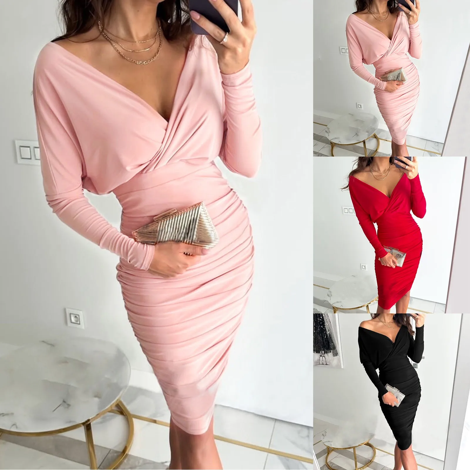 

Fashion Sexy Strapless V Neck Solid Color SlimFit Dress Long Sleeve Temperament Ruched Party Stripped Dress Womens Dresses Maxi