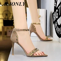 alionly vintage 2022 new summer shoes for women high heels stiletto pointed open toe sandals with suede metal studs
